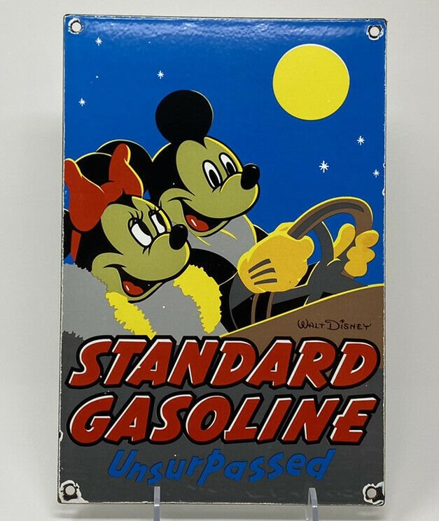 Poreceline gas station Disney motor oil sign: VINTAGE STANDARD OIL PORCELAIN GAS STATION SIGN DISNEY MICKEY MOUSE MOTOR OIL