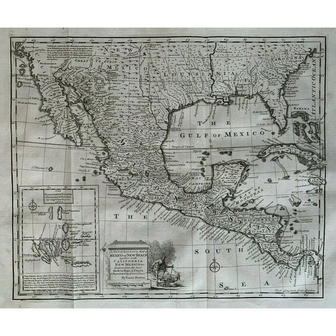 1747 Mexico, California, New Mexico, Texas Original Antique Map by Emanuel Bowen: 1747 Mexico, California, New Mexico, Texas Original Antique Map by Emanuel Bowen