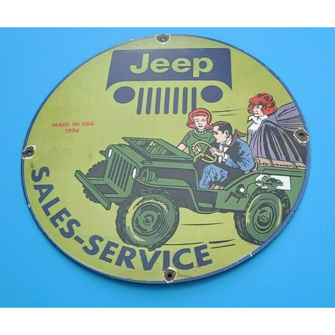 VINTAGE WILLY'S JEEP PORCELAIN GAS AUTO OIL SERVICE & SALES DEALERSHIP PUMP SIGN (1 of 11)