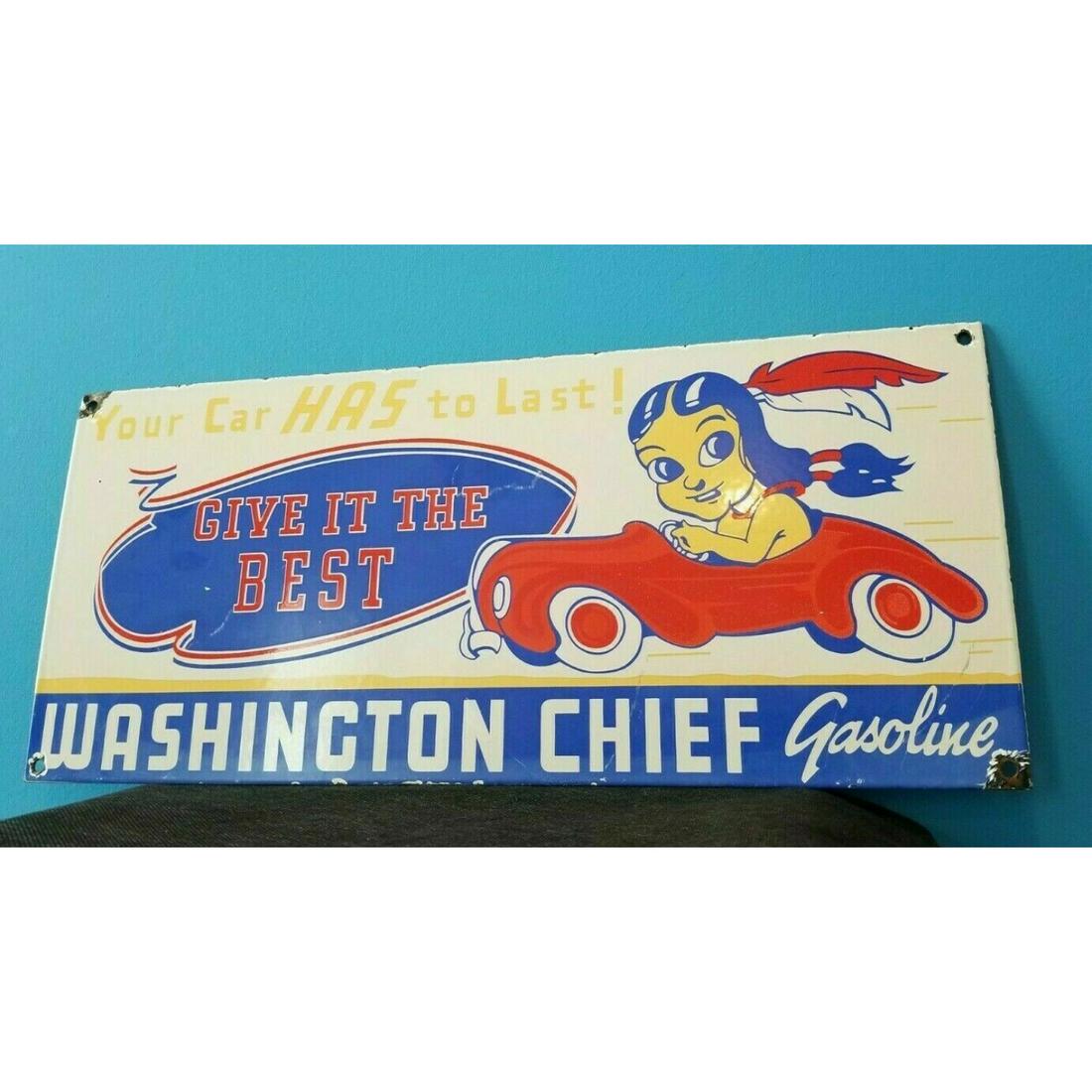 VINTAGE WASHINGTON GASOLINE PORCELAIN INDIAN CHIEF SERVICE STATION PUMP SIGN original (1 of 1)