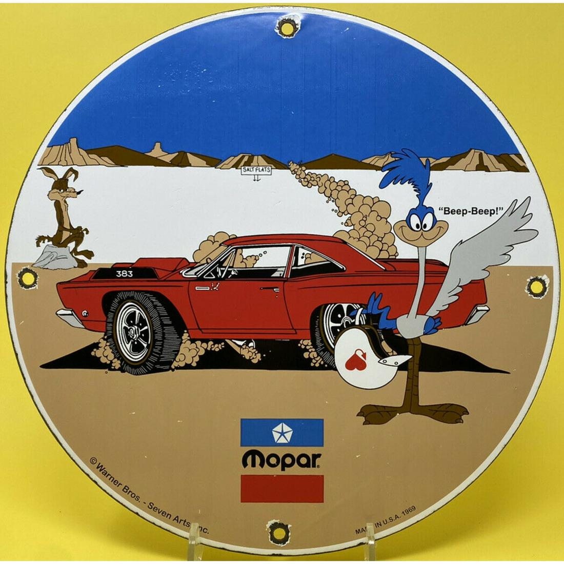 VINTAGE MOPAR PORCELAIN SIGN GAS OIL PUMP PLATE WILE E COYOTE ROAD RUNNER WARNER 11.75 inches (1 of 1)