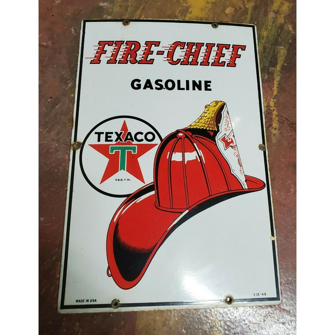Porcelain Original 1949 Fire Chief Texaco Sign 18â€ x 12â€ (1 of 1)