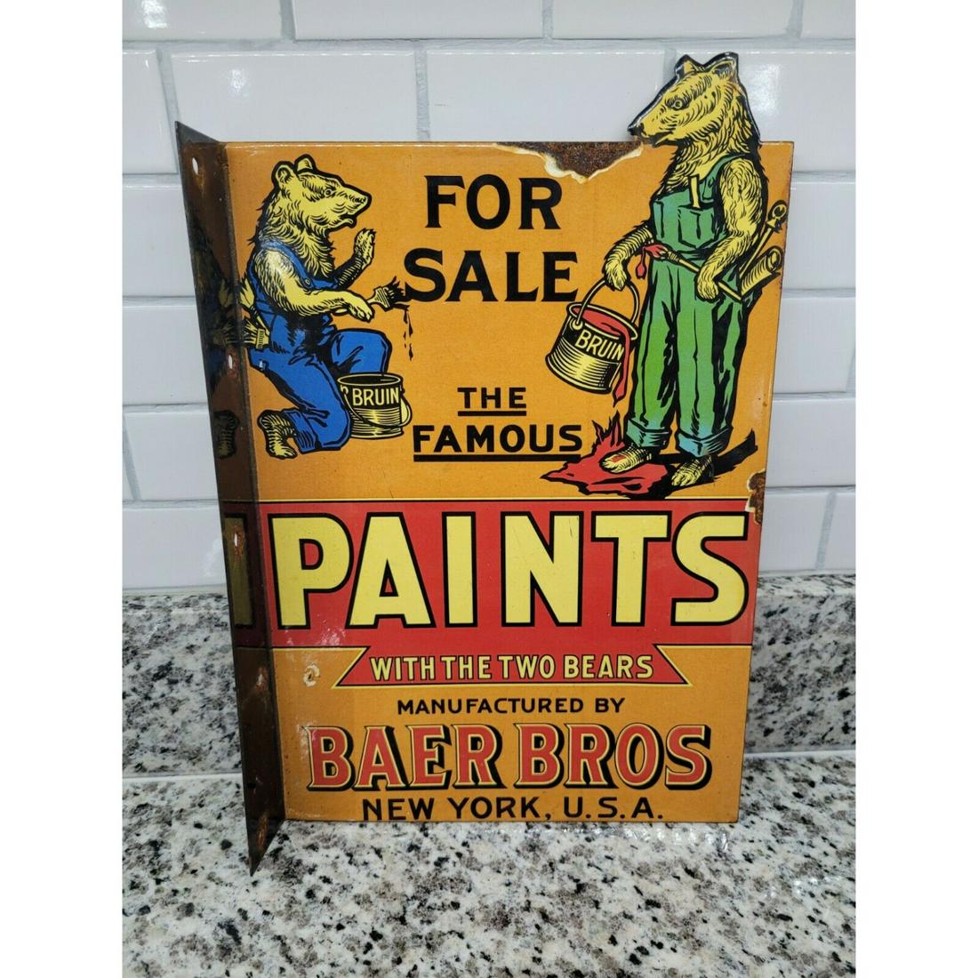 VINTAGE BAER BROS PAINT PORCELAIN SIGN FLANGE FARM BARN OIL GAS STATION SERVICE 14x10" 3lbs (1 of 1)