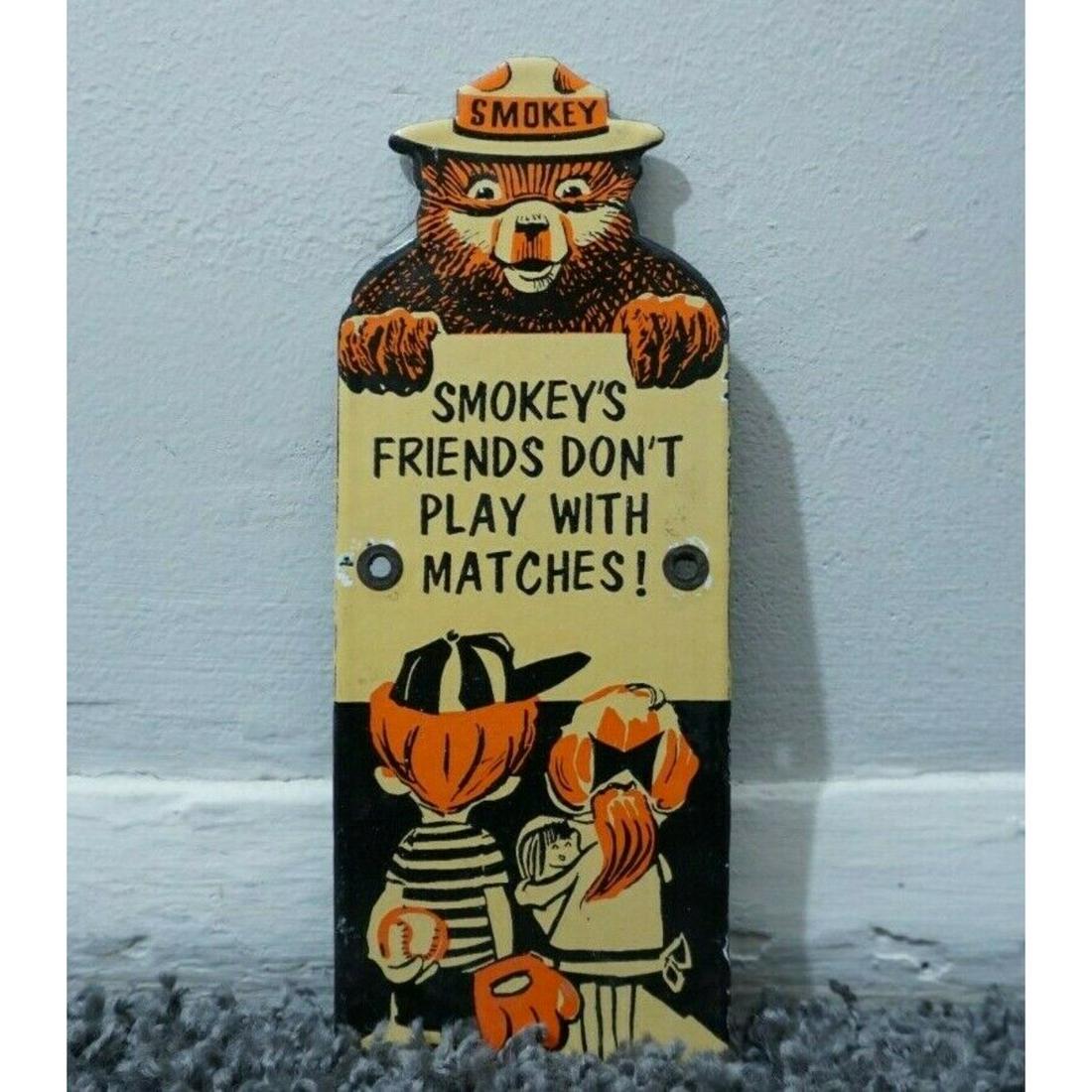VINTAGE SMOKEY BEAR PORCELAIN METAL US FOREST SERVICE FIRE GAS OIL SIGN 9 x 3 3/4 inches (1 of 1)