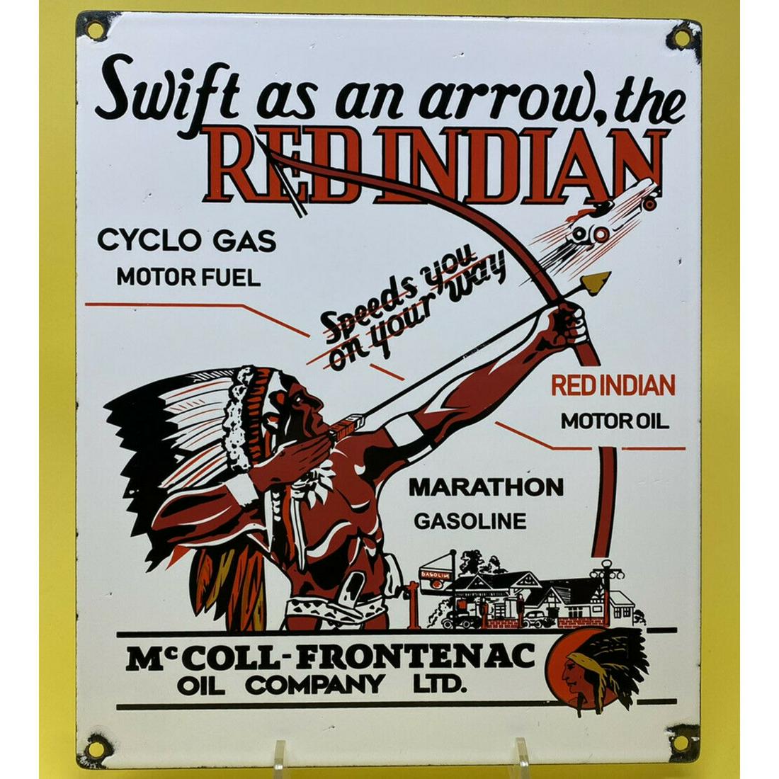VINTAGE RED INDIAN GASOLINE PORCELAIN SIGN GAS STATION PUMP PLATE OIL SERVICE 12 x 9 inches (1 of 2)