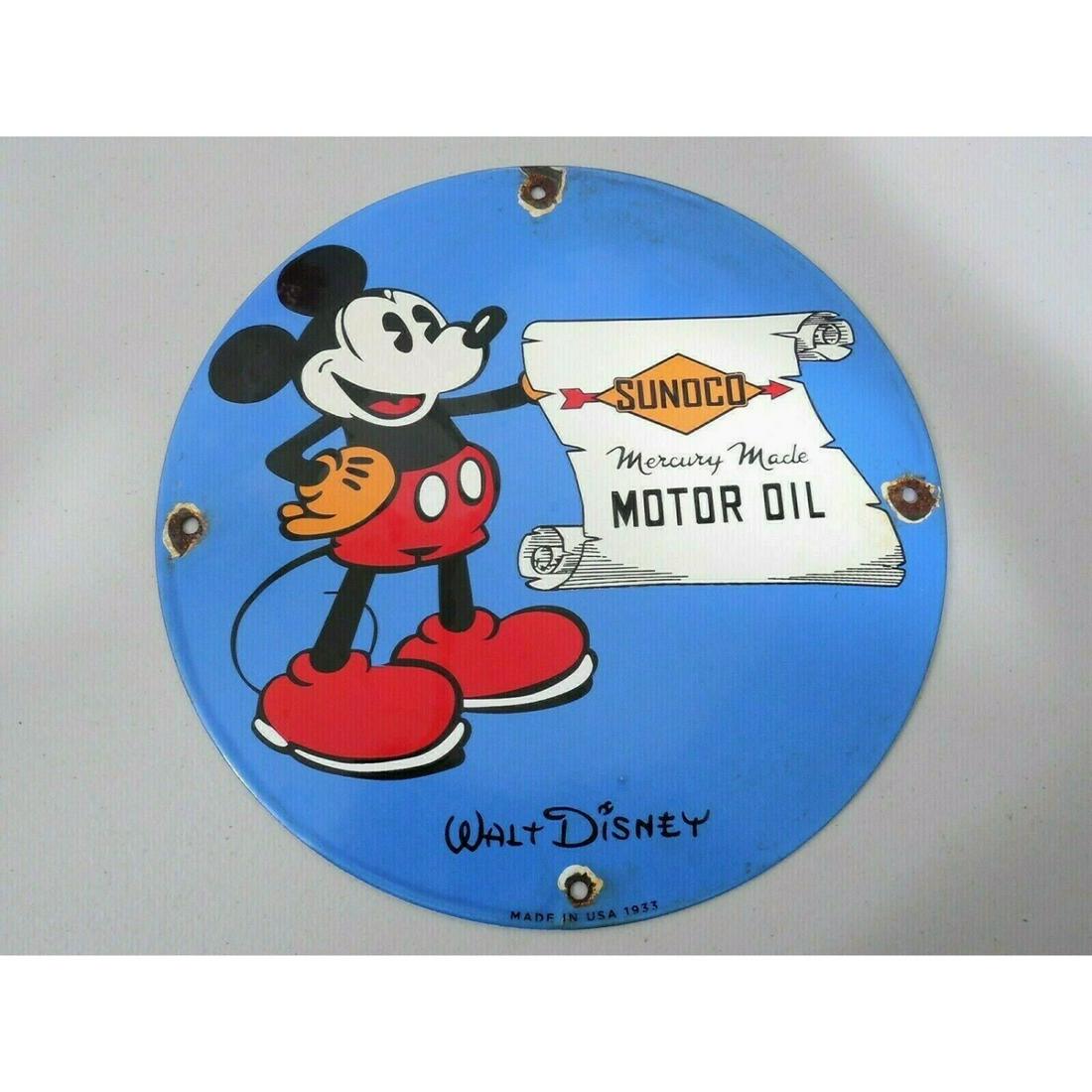 SUNCO DISNEY MICKY MOUSE OLD VINTAGE ORIGINAL PORCELIN GAS PUMP PLATE SIGN 1933  11.75'' (1 of 1)