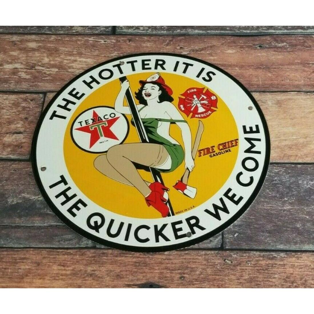 VINTAGE TEXACO GASOLINE PORCELAIN GAS OIL FIRE CHIEF HOTTER IT IS SERVICE SIGN 11.75 inches (1 of 1)