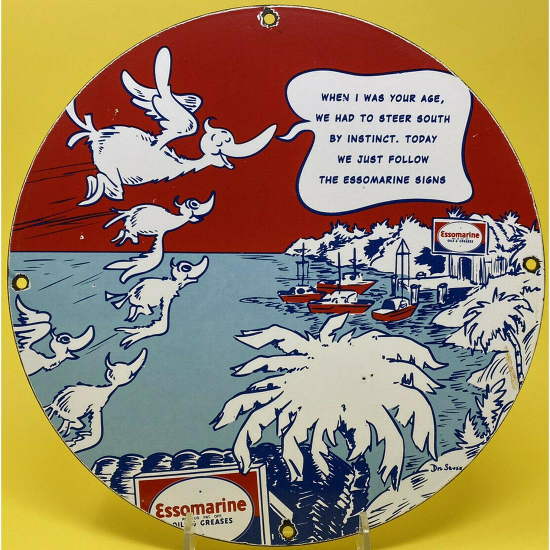 VINTAGE ESSO MARINE GASOLINE PORCELAIN SIGN GAS STATION OIL PUMP PLATE DR SEUSS 11.75 inches (1 of 1)