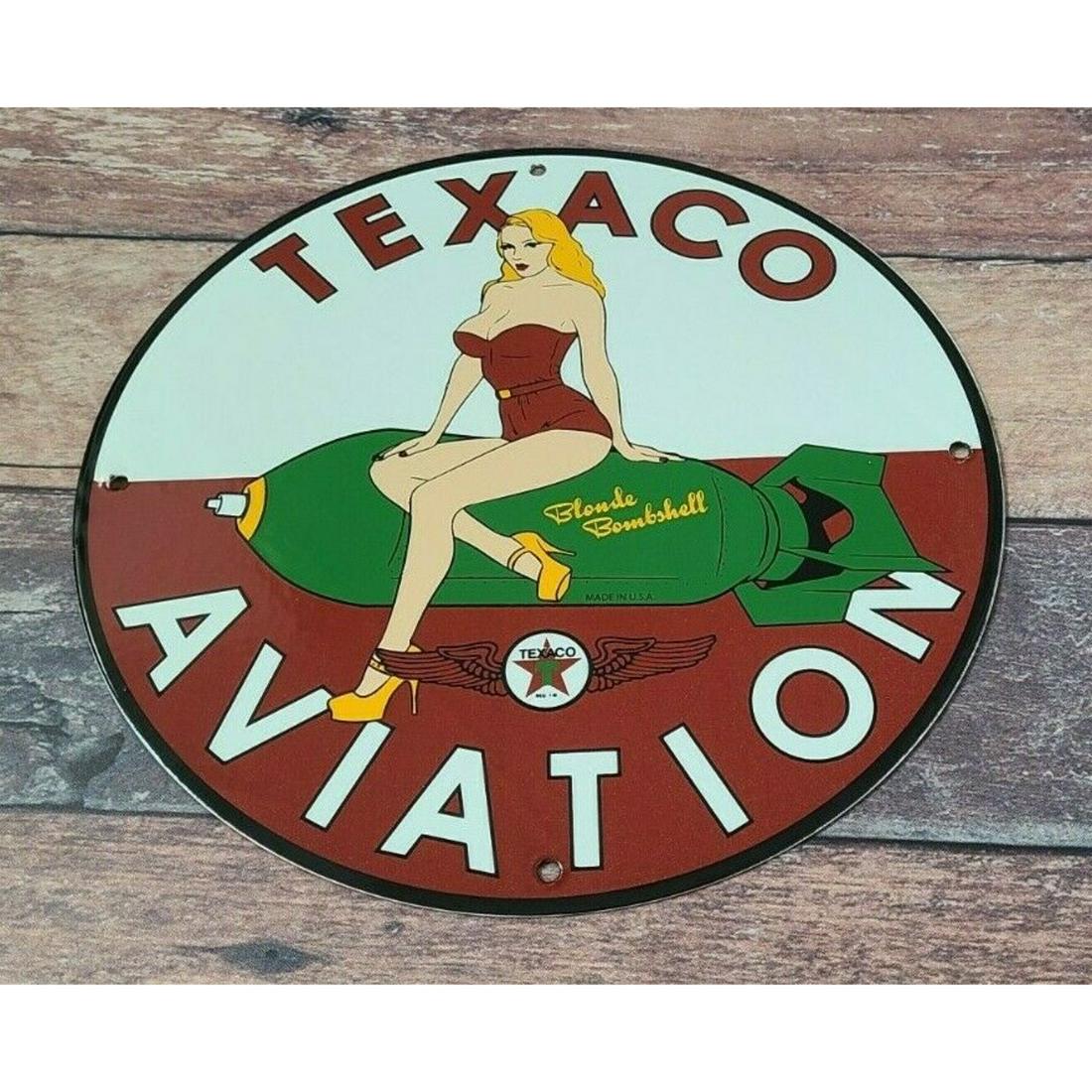 VINTAGE TEXACO GASOLINE PORCELAIN MILITARY SERVICE BOMBSHELL AIRPLANE GAS SIGN 11.75 inches (1 of 1)