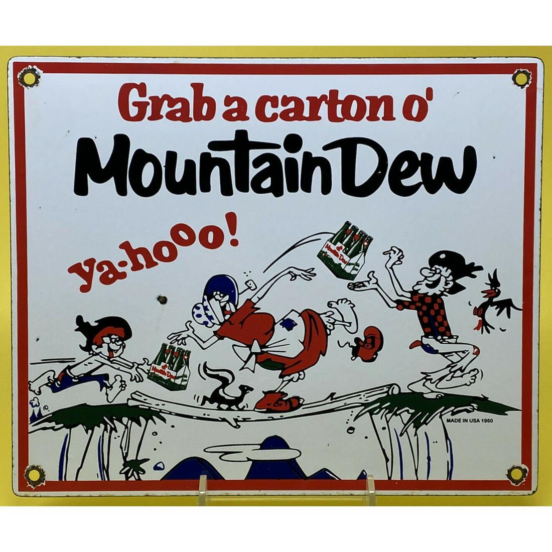 VINTAGE MOUNTAIN DEW PORCELAIN METAL SIGN SODA POP GENERAL STORE GAS STATION OIL 12 x 9": VINTAGE MOUNTAIN DEW PORCELAIN METAL SIGN SODA POP GENERAL STORE GAS STATION OIL 12 x 9'