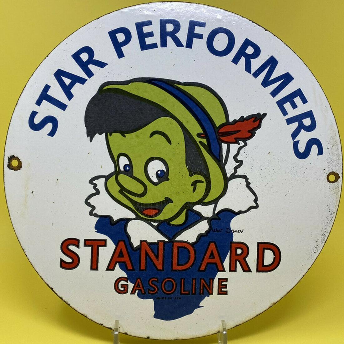 VINTAGE STANDARD GASOLINE PORCELAIN SIGN PINOCCHIO GAS STATION MOTOR OIL DISNEY 11.75: VINTAGE STANDARD GASOLINE PORCELAIN SIGN PINOCCHIO GAS STATION MOTOR OIL DISNEY 11.75"
