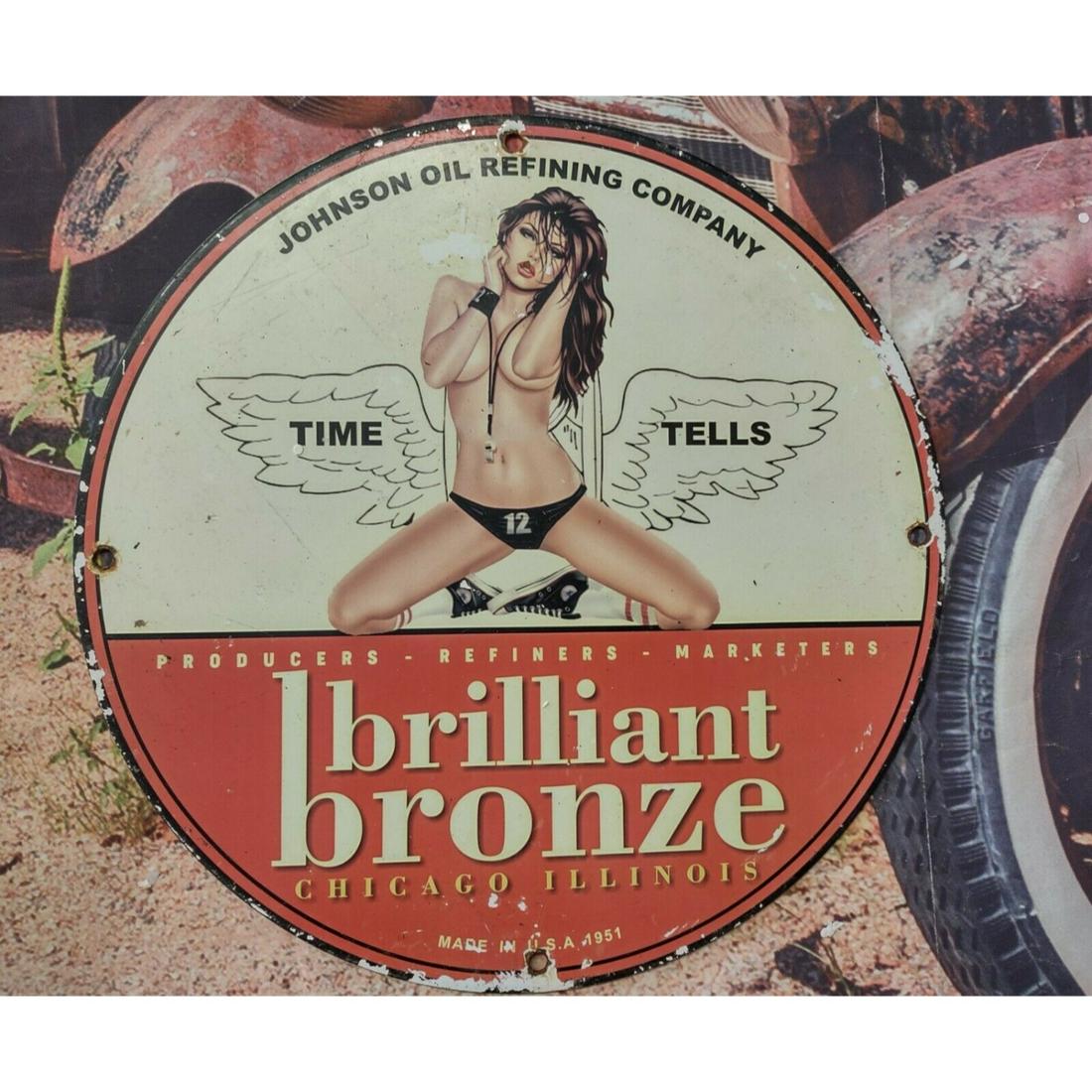 VINTAGE DATED 1951 JOHNSON BRONZE GASOLINE MOTOR OIL PORCELAIN GAS STATION SIGN 12" (1 of 1)