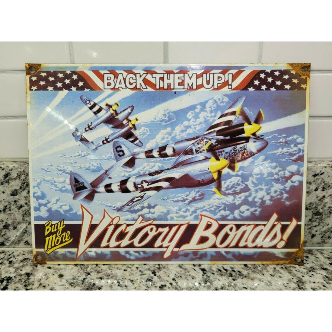 VINTAGE PORCELAIN SIGN BUY VICTORY BONDS WAR AIRCRAFT GAS STATION OIL VIETNAM 12 x 9 (1 of 1)