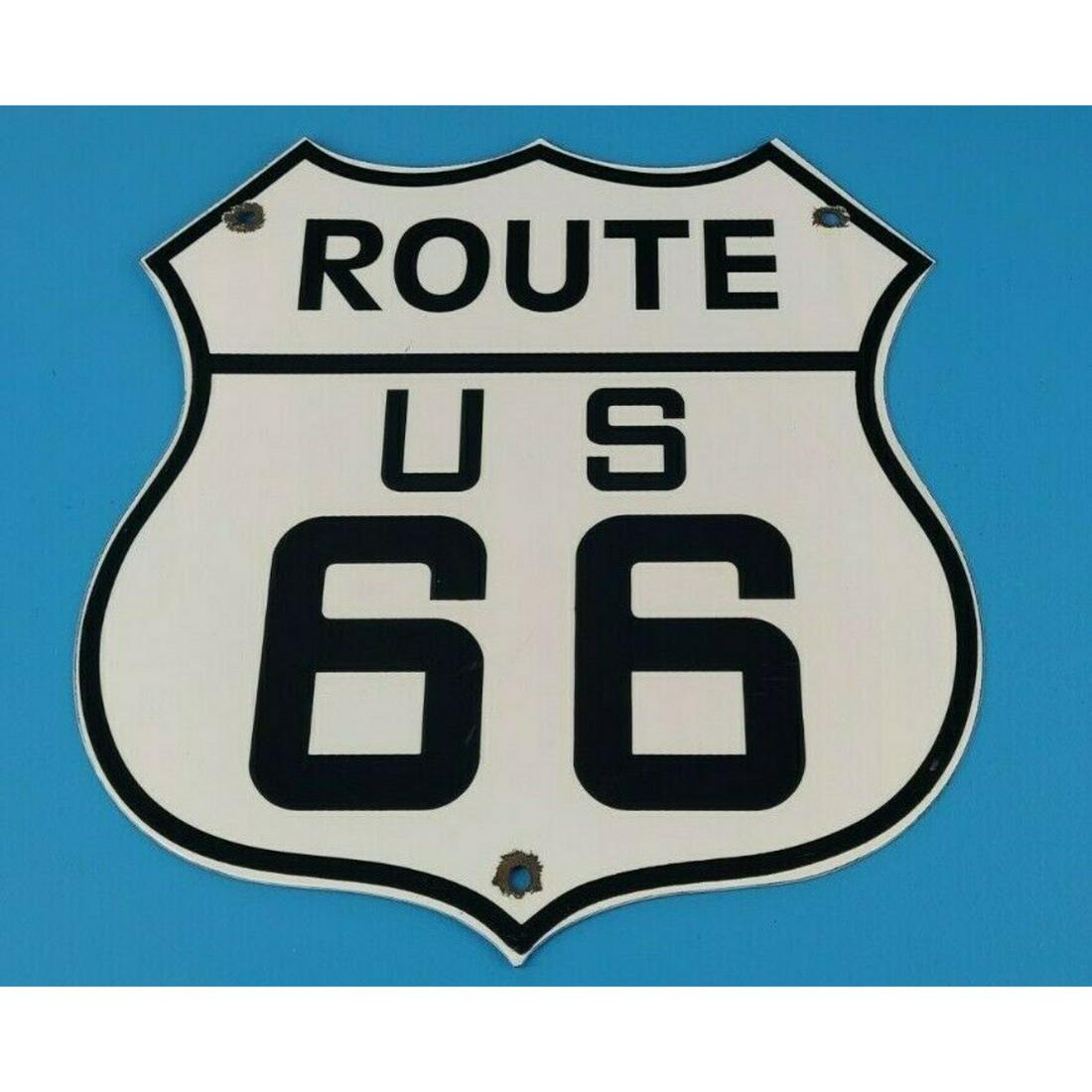 VINTAGE US ROUTE 66 PORCELAIN GASOLINE SERVICE AUTO ROAD TRIP SHIELD PUMP SIGN 11" x 11 1/2". (1 of 1)