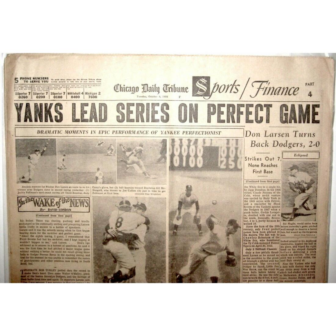 DON LARSEN PERFECT GAME NEWSPAPER CHICAGO TRIBUNE OCTOBER 9 1956 YANKEES DODGERS (1 of 1)