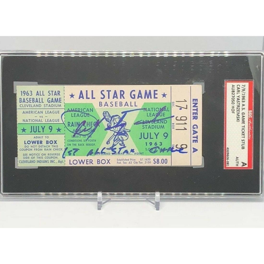 Carl Yastrzemski signed inscribed 1963 All Star Game ticket SGC 1st ASG HOF C74: Carl Yastrzemski signed inscribed 1963 All Star Game ticket SGC 1st ASG HOF C74
