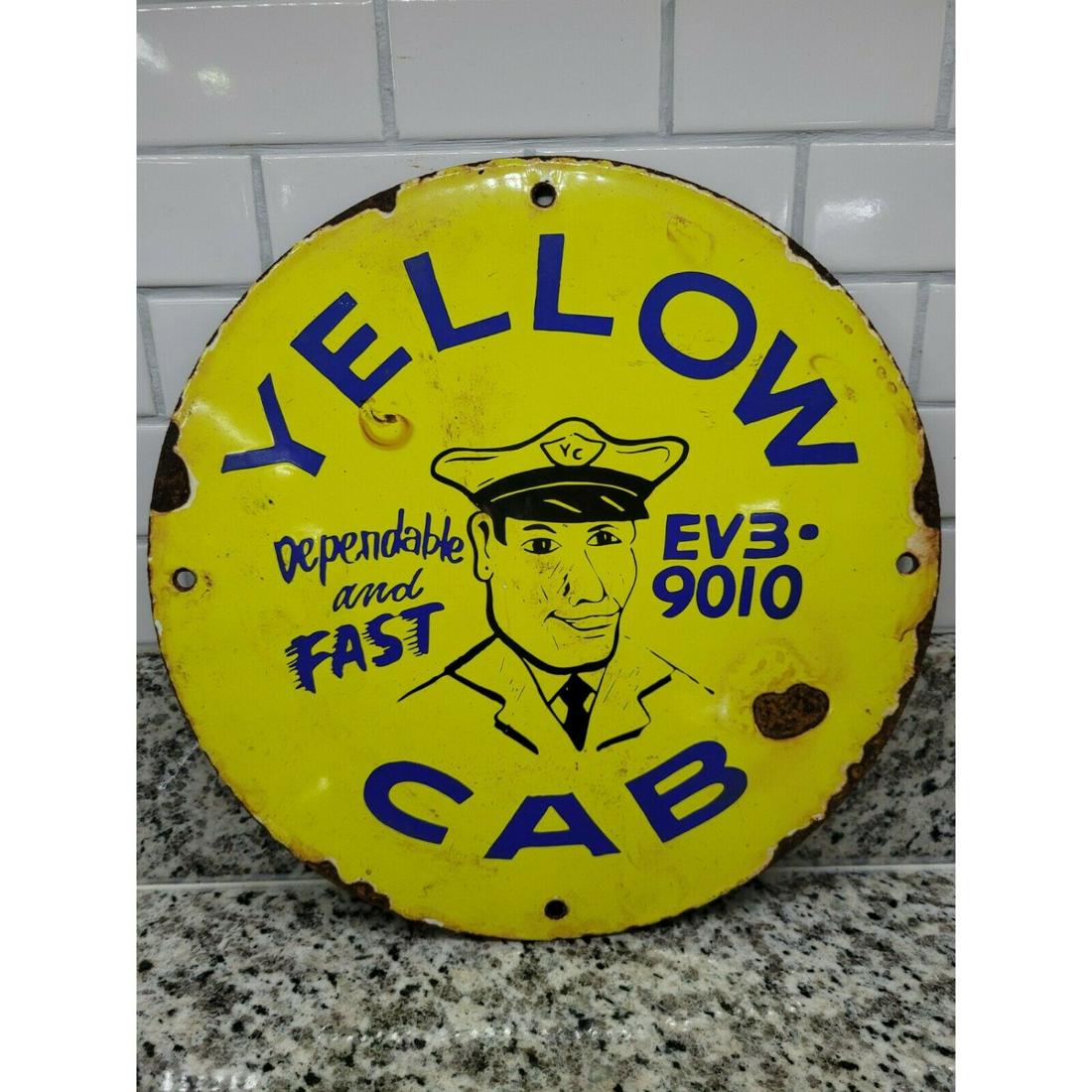 VINTAGE YELLOW CAB PORCELAIN SIGN TAXI DRIVER TRANSIT NYC BUS OIL GAS sign 12' (1 of 1)