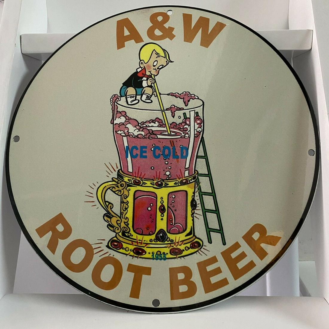 VINTAGE A&W PORCELAIN SODA ROOT BEER DRINK VENDOR GASOLINE ENAMEL METAL SIGN 11.78' (1 of 1)