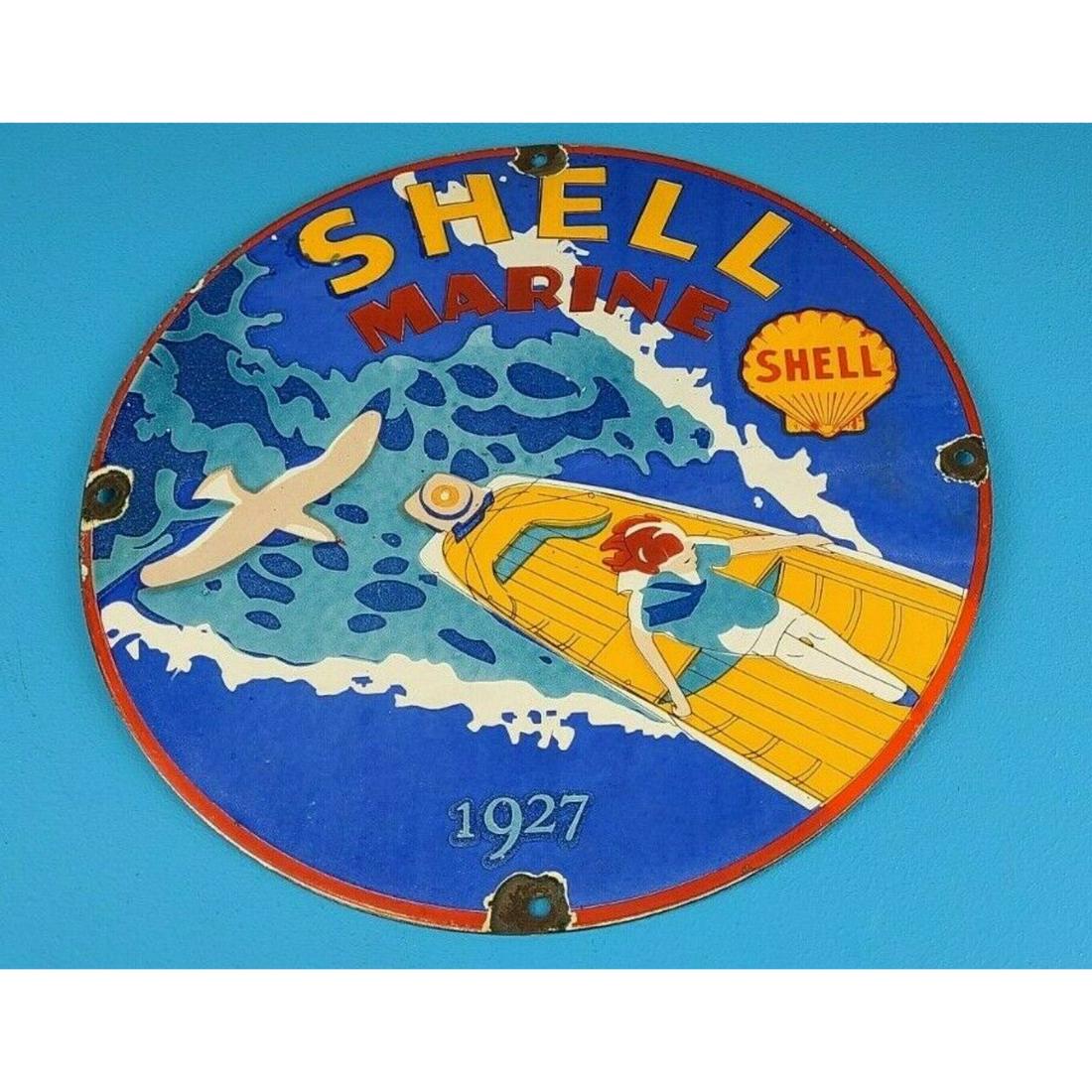 VINTAGE SHELL GASOLINE PORCELAIN GAS MARINE BOAT SERVICE STATION PUMP PLATE SIGN 11.75' (1 of 1)