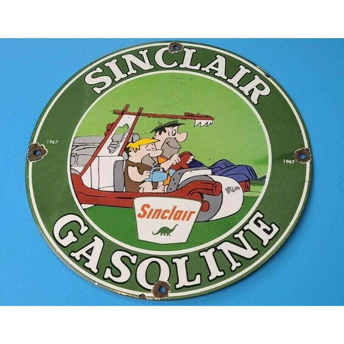 VINTAGE SINCLAIR GASOLINE PORCELAIN FLINTSTONES SERVICE STATION PUMP PLATE SIGN 12' (1 of 1)