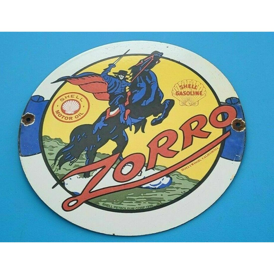 VINTAGE SHELL GASOLINE PORCELAIN GAS & OIL ZORRO SERVICE STATION PUMP PLATE SIGN 12' (1 of 1)