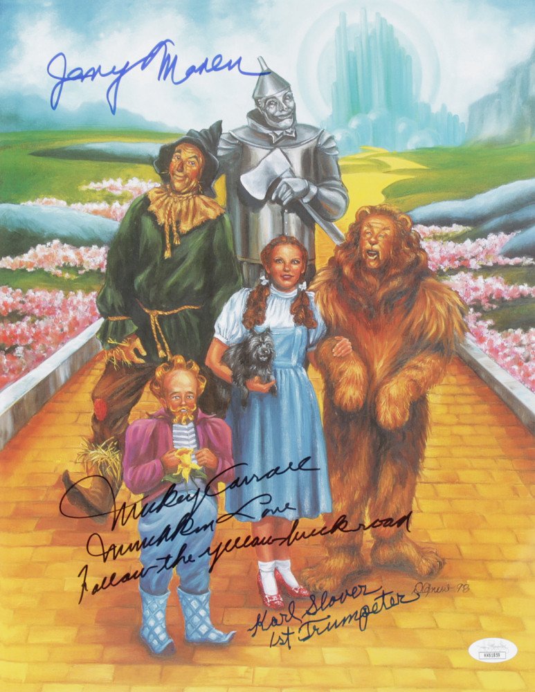 Mickey Carroll, Jerry Maren & Karl Slover Signed "The Wizard of Oz" 11x14 Photo with (3) Character I: Mickey Carroll, Jerry Maren & Karl Slover Signed "The Wizard of Oz" 11x14 Photo with (3) Character Inscriptions (JSA COA)
