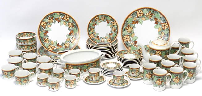 Reproduction Art Nouveau China Set: China set reproduction based upon "L'Art Nouveau" pattern which was circa 1890 by Georges Briard. Marked by sticker "Made in Japan". Includes one large platter, eight saucers, eight espresso cups, eig