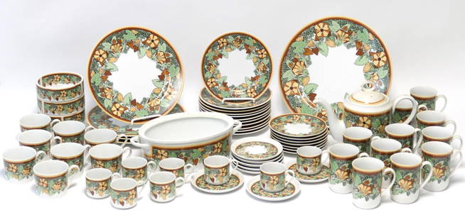 Reproduction Art Nouveau China Set: China set reproduction based upon "L'Art Nouveau" pattern which was circa 1890 by Georges Briard. Marked by sticker "Made in Japan". Includes one large platter, eight saucers, eight espresso cups,