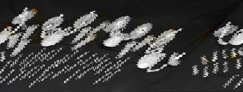 Waterford Avoca Wall Sconces: Vintage, double arm, wired wall sconces by Waterford Crystal. Includes four sconces, a collection of hanging prisms, and eight crystal shades. Bulbs and hardware are included, sconces have not been te