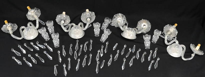 Waterford Avoca Wall Sconces: Vintage, double arm, wired wall sconces by Waterford Crystal. Includes four sconces, a collection of hanging prisms, and eight crystal shades. Bulbs and hardware are included, sconces have not been