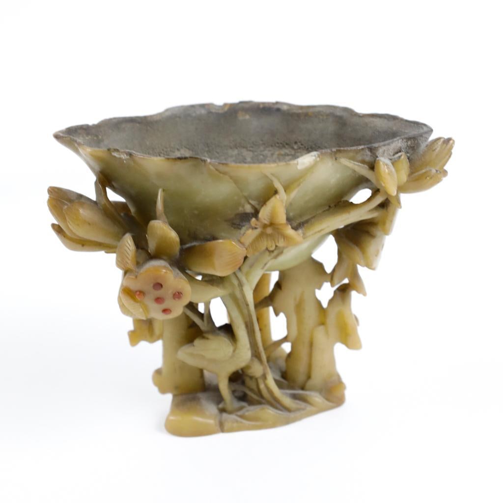 19th Century Chinese Carved Soapstone Dish: 19th Century Chinese soapstone carving of flat leaf dish the buds supported on cranes and lotuses. Size: 5”w x 3”d x 4”h Location: Second Floor Primary Bedroom