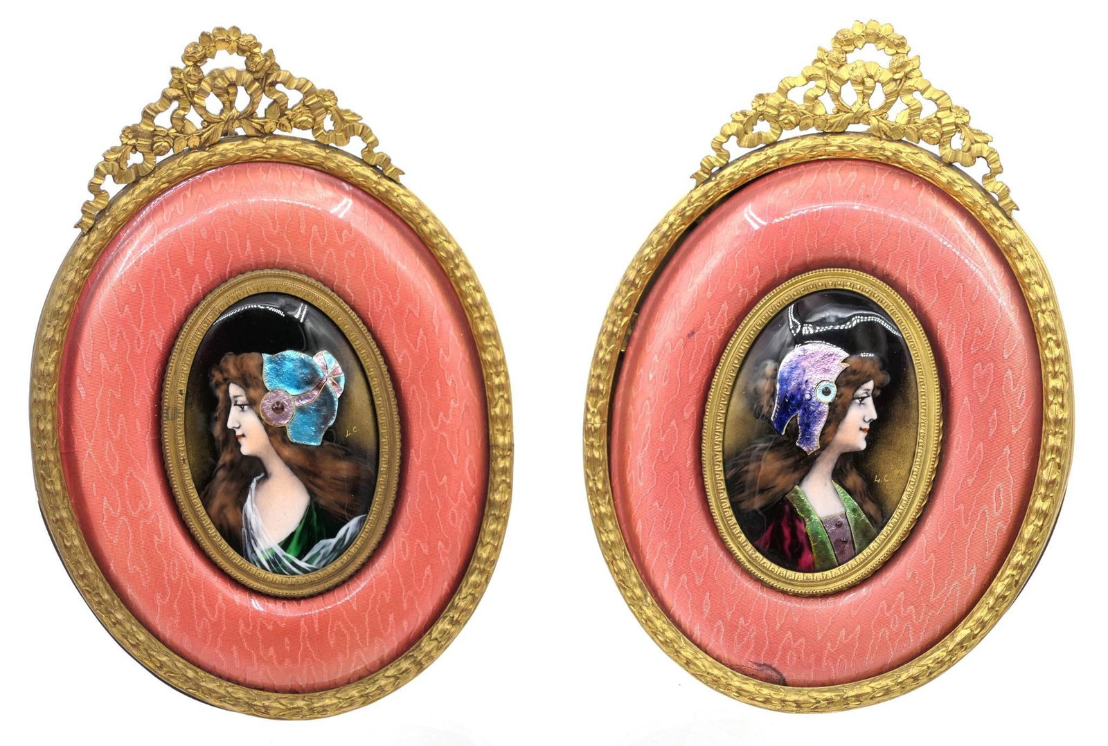 French Gilt & Guilloche Portraits: Turn of the century French, Belle Epoque, enamel portraits by noted Limoges enameller Louis Clement (France, 1882-1977) in gilt surround encircled with mauve pink guilloche accent. Floral rose and rib