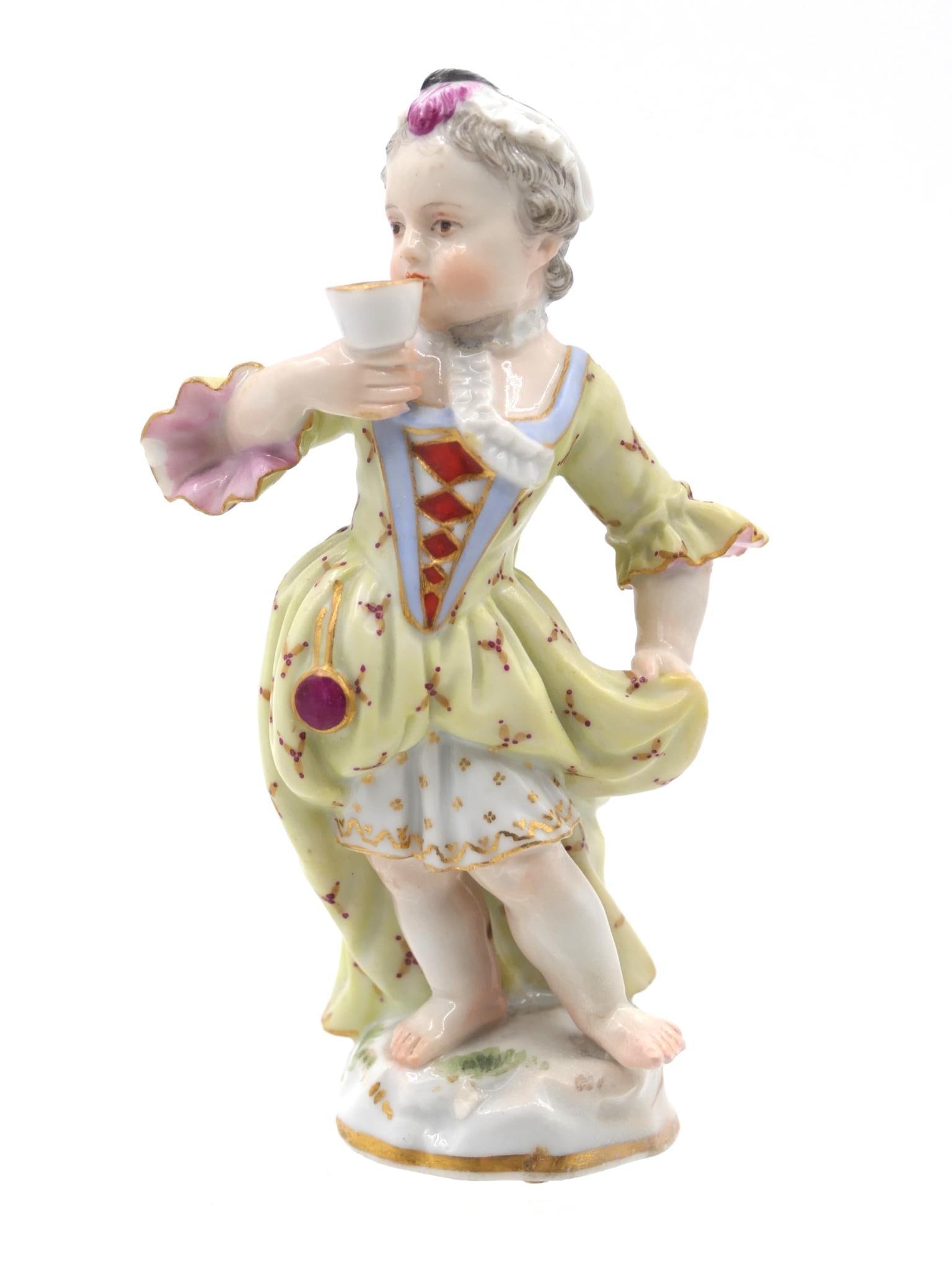 Meissen Girl Drinking from Cup Figurine: Porcelain figurine depicting a girl in formal dress drinking from a cup. Marked on the base with double sword marking, and incised numbers "No. 10" and "97". Appears to have various areas of paint tou