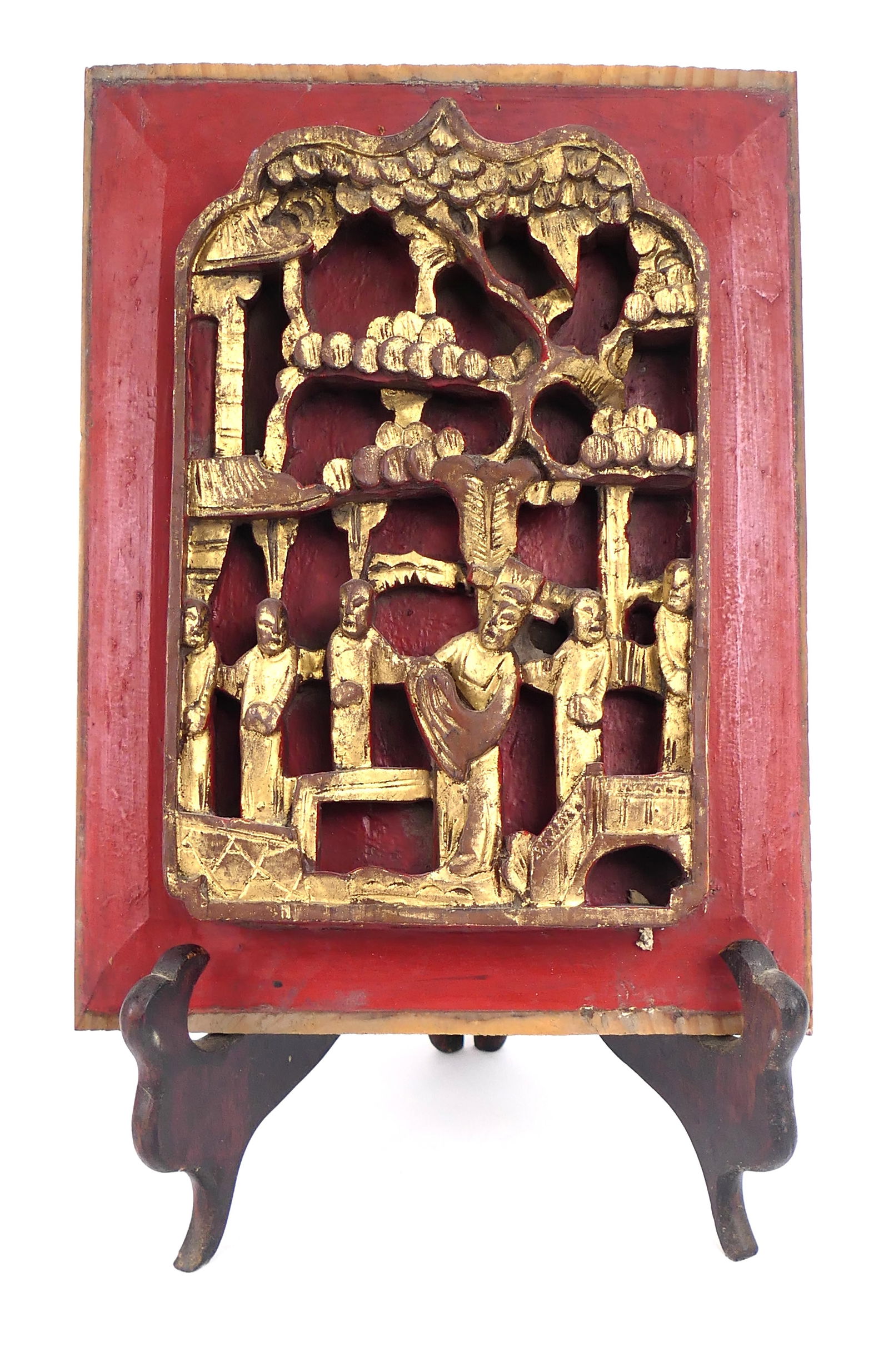 Antique Chinese Carved Relief: Antique Chinese carved figural relief depicting monks on a bridge under trees with gold tone fainted finish and red side frame. Shows some color loss. Size: 7.5"w x 10.25"h