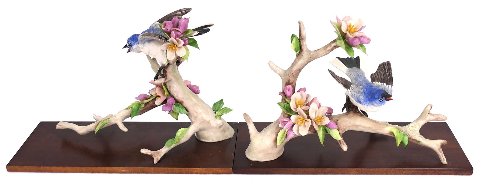 Cybis "Blue-Gray Gnatchers" Porcelain Figurine Pair: Porcelain figurine pair by Cybis titled "Blue-Gray Gnatchers". Signed and numbered 41. One leaf has been cracked and repaired, and one petal is missing. Size: 10"w x 4"d x 6.5"h with mounted base