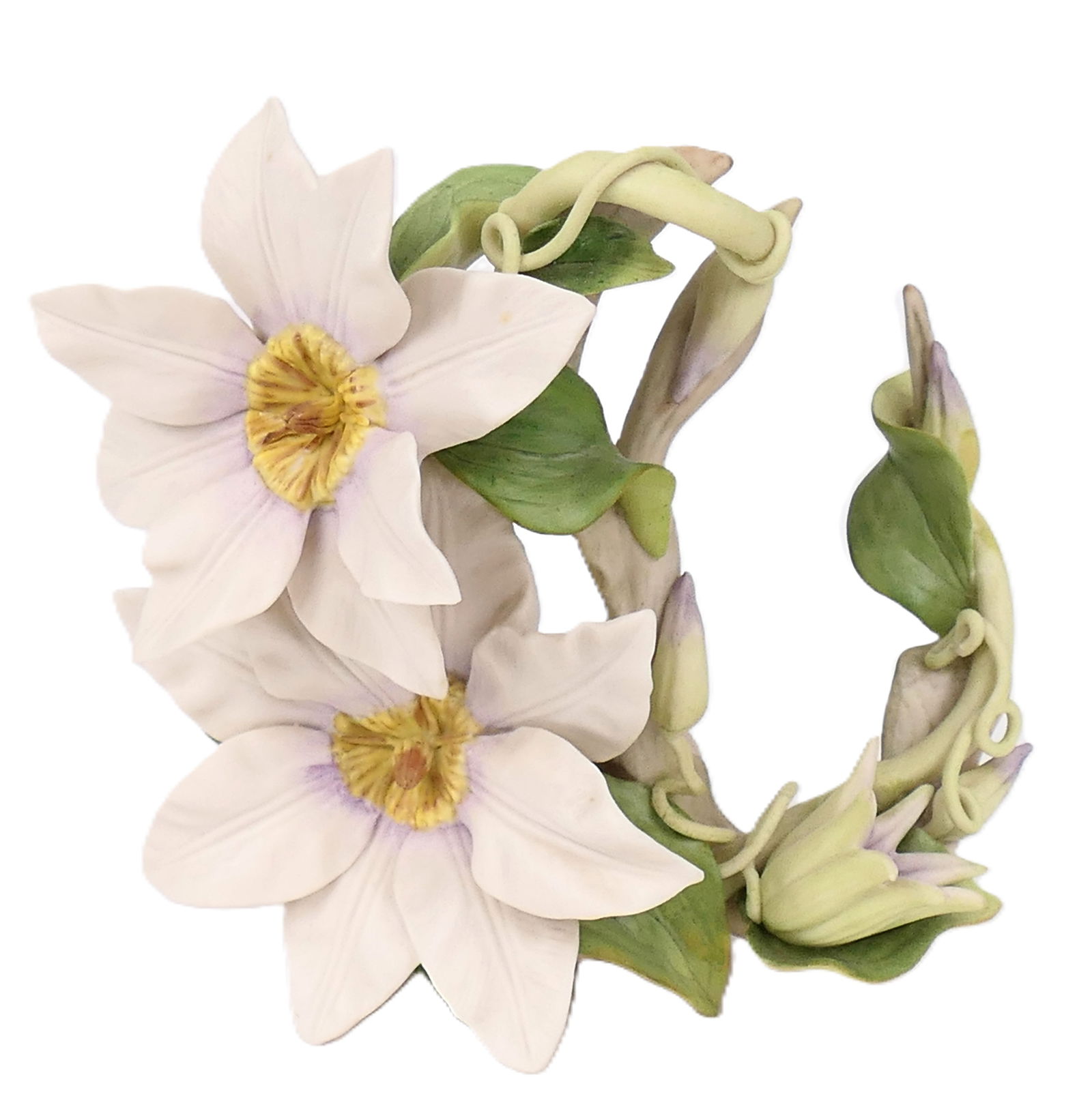 Cybis "Clematis" Porcelain Figurines: Porcelain figurine by Cybis titled "Clematis" in white, signed and dated 1971. One curled tendril is cracked off and missing. Size: 6"w x 6"h