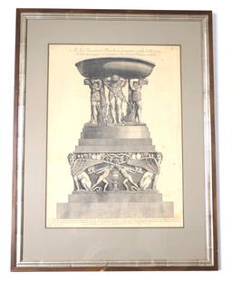 "Al Sig Giovanni Peachey" Framed Engraving: Framed engraving after Giovanni Battista Piranesi titled "Al Sig Giovanni Peachey", depicting an architectural piece or basin supported by male figural posts and sphinx-with-warrior adornments on grad