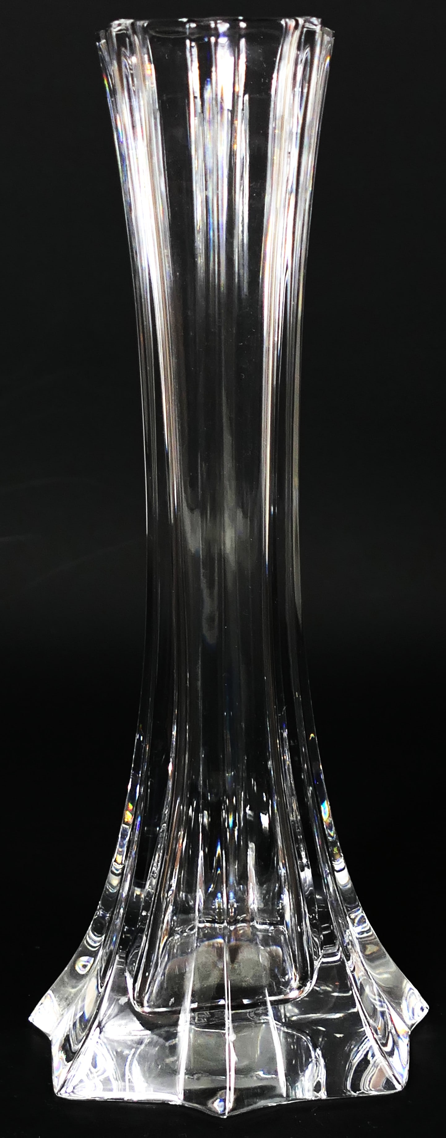 Baccarat Crystal Bouquet Bud Vase: Baccarat crystal bud vase in Bouquet pattern. Marked with stamp. Size: 8.25"h Location: Living Room