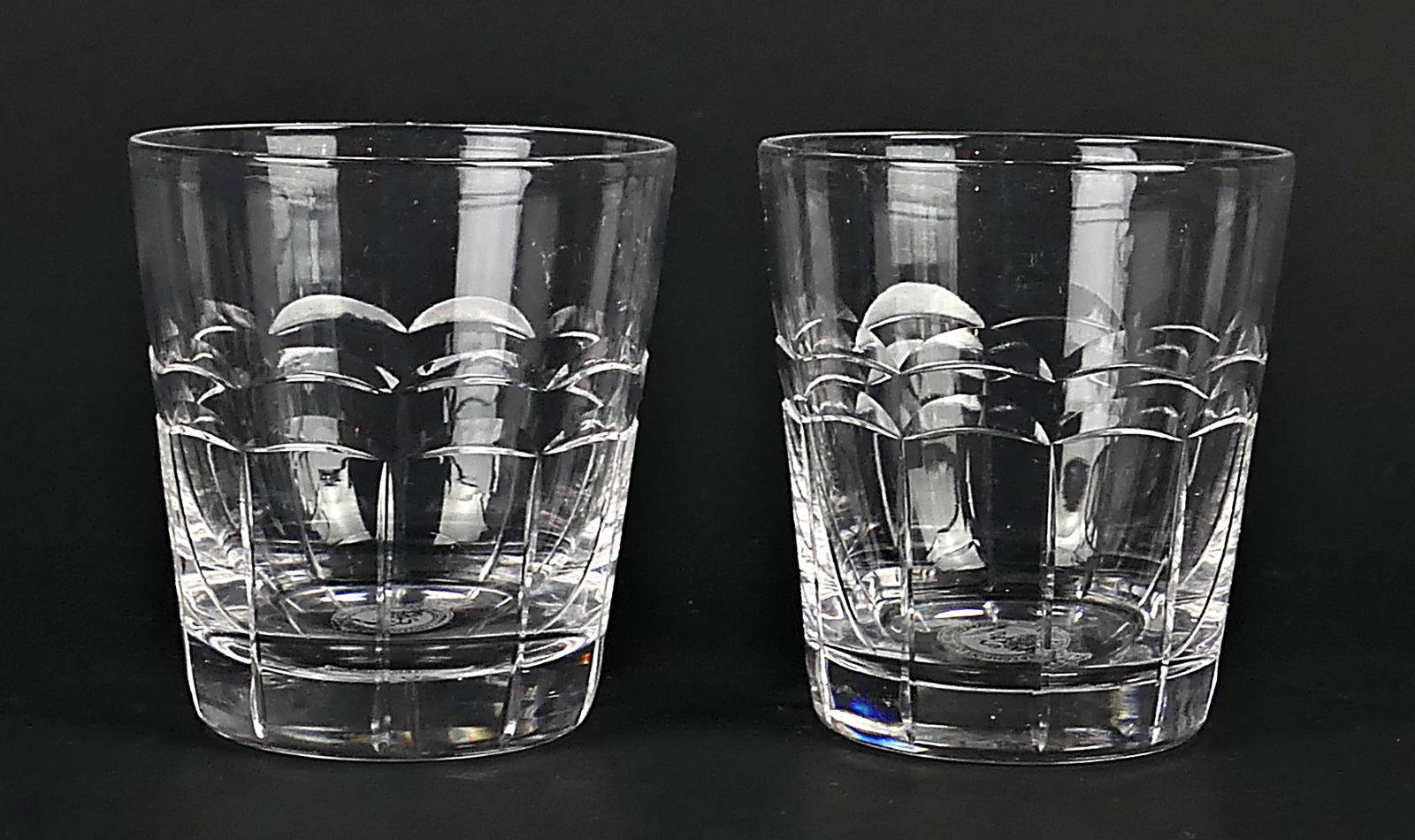 Cunard Steam Ship Co. Lowball Pair: Pair of crystal lowball glasses marked with a stamp for The Cunard Steam Ship Company Limited. Size: 3.25"h Location: Den Bar