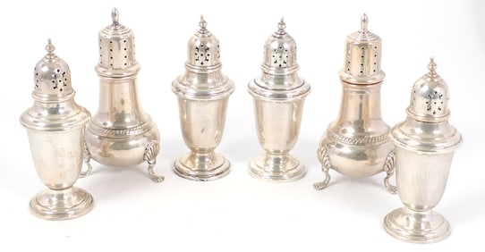 Three Pairs of Sterling Salt and Pepper Shakers