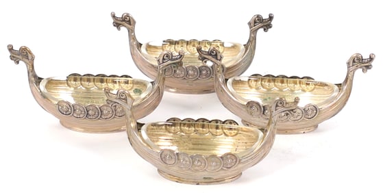 Set of Four Sterling Viking Boat Salt Cellars