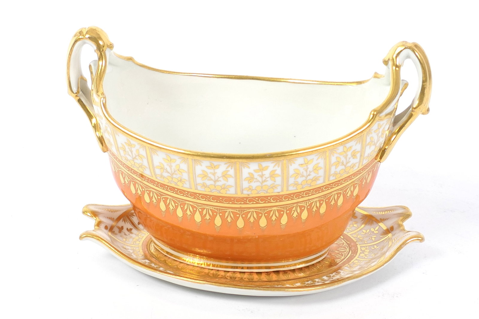 Antique Fight, Barr & Barr Orange and White Sucrier: Circa 1805 Flight, Barr & Barr Worcester orange and white sucrier with underplate with gilded features and foliate motif. Minor chip on underside of sucrier. Size: 7.25"w x 4.5"h