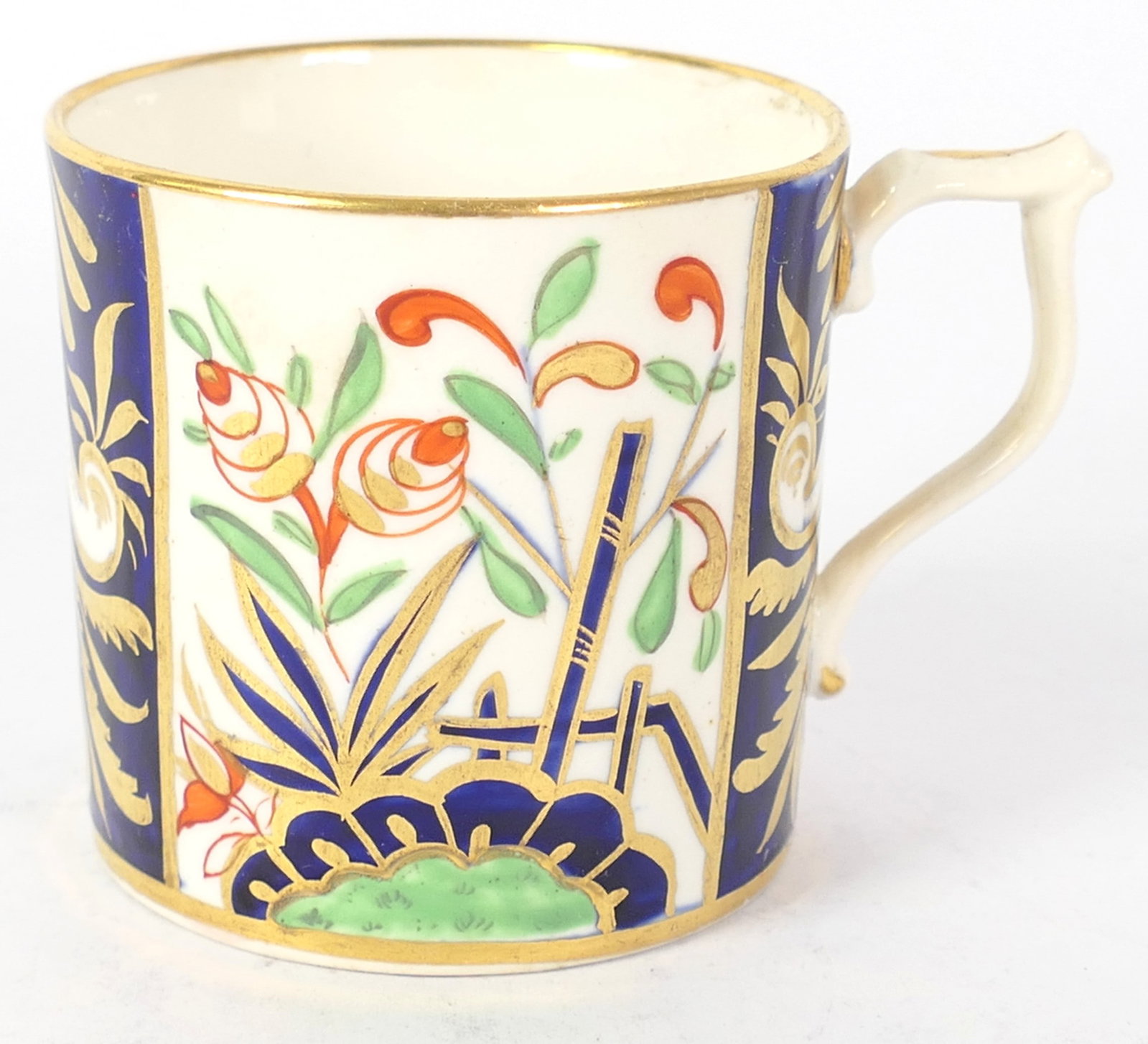 Derby Coffee Can: Derby coffee can in Imari pattern with gilded features. Size: 2.5"dia x 2.5"h