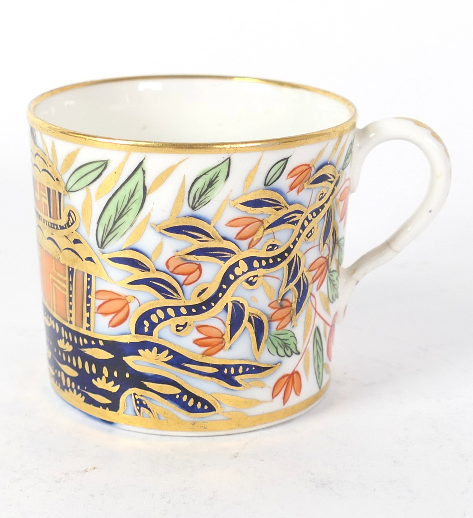 English Coffee Can: English coffee can in Imari pattern with gilded features. Size: 2.5"dia x 2.25"h
