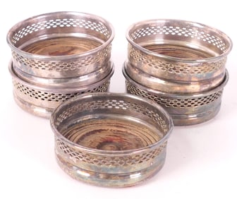 Five Silverplate Coasters with Wood Centers