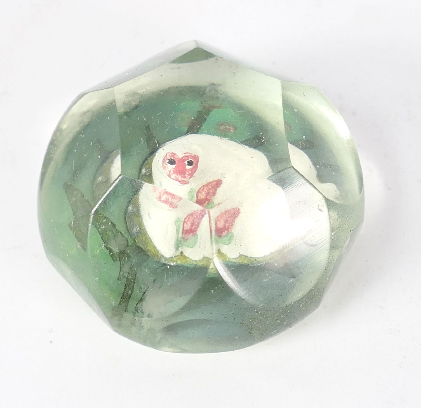 Early Chinese Art Glass Paperweight: Early Chinese faceted art glass paperweight with figural monkey. Size: 2"w x 1"h