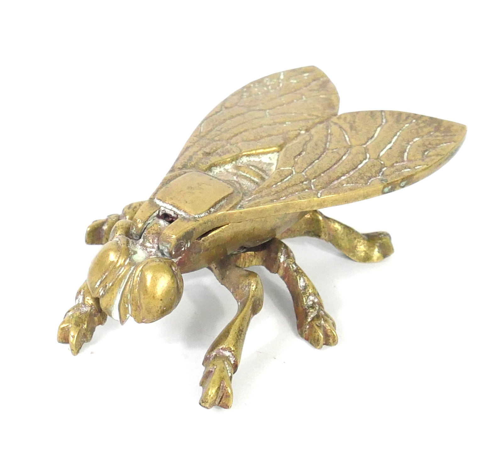 Brass Fly Ashtray: Brass fly ashtray or match holder, featuring a hinged lid in a wing design. Size: 4"l