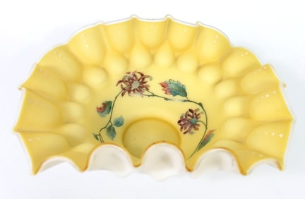 White and Yellow Ruffled Art Glass Bowl