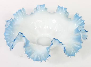 Blue and White Ruffled Art Glass Bowl