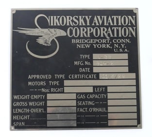 Sikorsky Aviation Data Plate